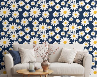Retro Daisies With A Navy Background Peel & Stick Wallpaper, Self-Adhesive Playful Daisy Wall Mural, Bright Floral Home Decor
