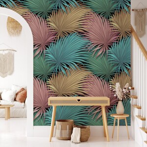 Abstract Tropical Pastel Leaves Peel & Stick Wallpaper - Dark Background Wall Mural, Removable Leaf Decor, Modern Botanical Home Art