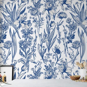 Dutch-Inspired Blue Flowers And Leaves Peel & Stick Wallpaper, Vintage Blue Botanical Wall Mural, Self-Adhesive Elegant Home Decor