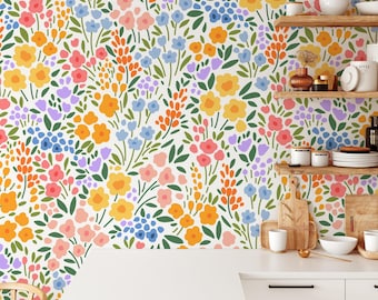 Colorful Spring Flowers Pattern Peel & Stick Wallpaper, Garden-Inspired Wall Mural, Self-Adhesive Floral Home Decor