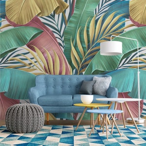 Large Colorful Leaves With Line Art Wallpaper, Tropical Leaves Peel & Stick Wall Mural, Self Adhesive Leaves Wall Decor