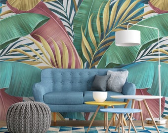 Large Colorful Leaves With Line Art Wallpaper, Tropical Leaves Peel & Stick Wall Mural, Self Adhesive Leaves Wall Decor