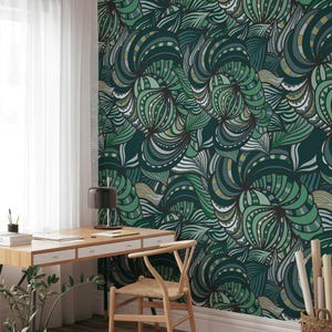 Dark Green Abstract Swirls Wallpaper, Lush Greenery Peel & Stick, Nature-Inspired Wall Mural, Elegant Wall Decor, Modern Removable Art