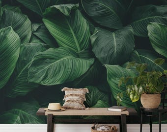 Large Dark Green Jungle Leaves Wallpaper, Green Tropical Plants Peel & Stick Wall Mural, Self Adhesive Wall Decor