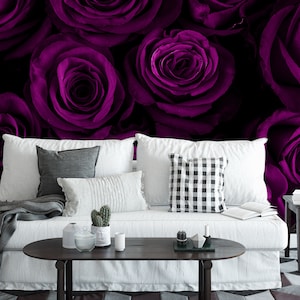 Carta da parati adesiva con rose viola grandi e scure, murale floreale gotico viola scuro, elegante decorazione per la casa autoadesiva