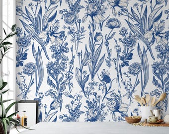 Dutch-Inspired Blue Flowers And Leaves Peel & Stick Wallpaper, Vintage Blue Botanical Wall Mural, Self-Adhesive Elegant Home Decor