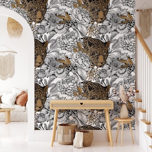 Floral lijntekeningen en tijger behang, zwart-wit luipaard bloemenprint Peel & Stick muurschildering, elegante wanddecoratie, moderne verwisselbare muurkunst