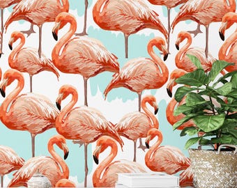 Elegant Abstract Flamingos Wallpaper, Tropical Pink Peel & Stick Mural, Chic Flamingo Pattern Wall Decor, Removable Wall Art for Home Decor