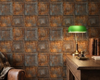 Industrial Rusted Metal Peel and Stick Wallpaper, Antique Tin Tile Wall Mural, Moody Rustic Embossed Wall Decor, Distressed Accent Wall