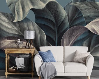 Large Tropical Leaves With Drawn Line Art Wallpaper, Dark Colored Leaves Peel & Stick Wall Mural, Self Adhesive Wall Decor