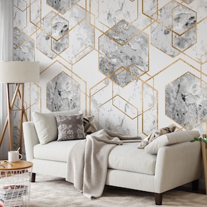 Carta da parati geometrica esagoni acquerello grigio, lussuoso murale da parete staccabile e attaccabile in marmo dorato, arredamento moderno per la casa, carta da parati rimovibile