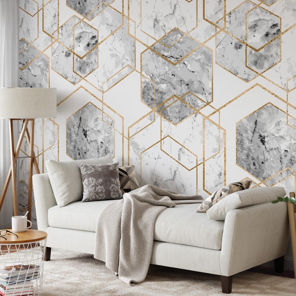 Geometric Grey Watercolor Hexagons Wallpaper, Luxurious Gold Marble Peel & Stick Wall Mural, Modern Home Decor, Removable Wallpaper