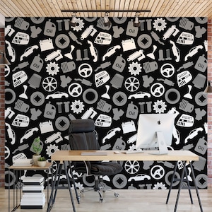 Car Mechanic Tools Peel & Stick Wallpaper, Automotive Pattern Wall Mural, Vehicle Parts Decor, Garage Wall Art, DIY Room Decor