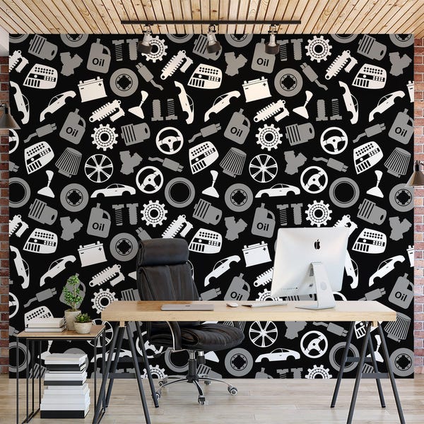 Car Mechanic Tools Peel & Stick Wallpaper, Automotive Pattern Wall Mural, Vehicle Parts Decor, Garage Wall Art, DIY Room Decor