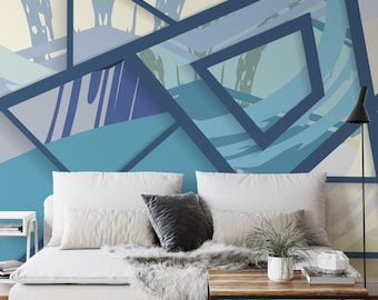 Large Geometric Wallpaper With Modern Blue Splashes, Blue Angular Design Peel & Stick Wall Mural, Contemporary Decor, Removable Wallpaper