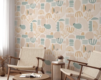 Abstract Boho Line Art Wallpaper, Modern Organic Shapes Peel & Stick Mural, Contemporary Wall Decor, Removable Home Wall Art