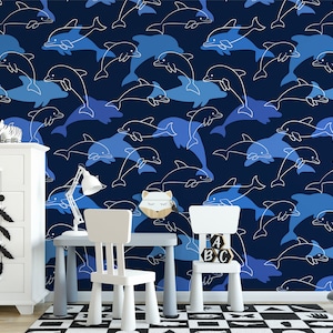 Carta da parati con motivo a delfini blu, murale staccabile e attaccabile per la cameretta dei bambini con tema oceanico sereno, decorazione murale blu rilassante, arte murale rimovibile con vita marina
