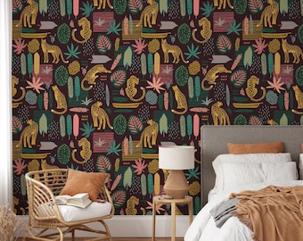 Exotische Dschungel Leoparden Tropische Blätter Tapete, Flache Kunst Design Peel & Stick Wandbild, Lebendige Wanddekoration, Abnehmbare Wandkunst, Dschungel Thema