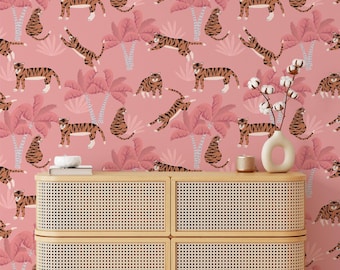 Pink Tropical Trees Tigers Wallpaper, Whimsical Kids Peel & Stick Mural, Fun Tropical Wall Decor, Playful Removable Children's Wall Art