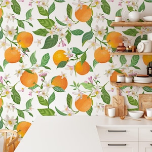 Oranges And Flowers Peel & Stick Wallpaper, Tropical Orange Blossom Wall Mural, Self-Adhesive Vibrant Fruity Home Decor