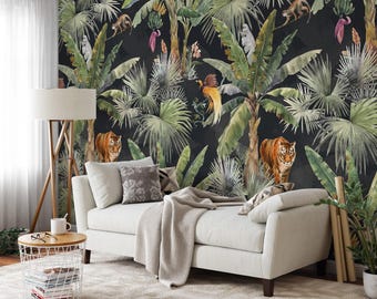Watercolor Tropical Wallpaper, Exotic Animals Dark Background Peel & Stick Mural, Lush Dark Jungle Wall Decor, Removable Wall Art