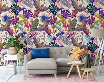 Vibrant Tropical Foliage Parrots Peel & Stick Wallpaper - Colorful Wall Mural, Removable Wallpaper, Home Decor, Bird Wall Art Prints