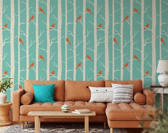 Abstract Snowy Trees and Birds Peel & Stick Wallpaper, Birch Forest Wall Mural, Bird Wall Art, Removable Wallpaper, Home Decor, Wall Hanging