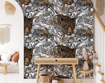 Floral Line Art and Tiger Wallpaper, Monochrome Leopard Floral Print Peel & Stick Mural, Elegant Wall Decor, Modern Removable Wall Art