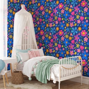 Bright Colored Folk Art Flower Illustration Peel & Stick Wallpaper, Colorful Floral Wall Mural, Cheerful Kids' Room Decor