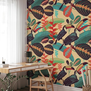 Retro Tropical Toucans Peel & Stick Wallpaper - Vibrant Jungle Wall Mural, Removable Wallpaper, Colorful Home Decor, Bird Wall Art