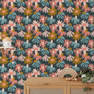 Illustrazione astratta di fiori carini e margherite, carta da parati staccabile e adesiva, murale da parete con margherite rosa e blu, divertente decorazione floreale per la casa