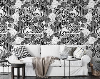 Grayscale Roses Tigers Wallpaper, Monochrome Tiger Floral Peel & Stick Mural, Leopard Print Wall Decor, Chic Removable Wall Art, Modern Home