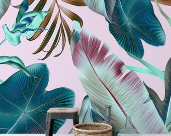 Grandi foglie tropicali con sfondo rosa pastello, carta da parati staccabile e adesiva, murale botanico moderno, decorazione autoadesiva per la casa