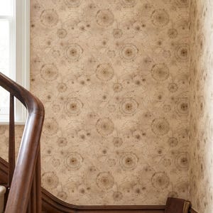 May include: Wallpaper featuring a repeating pattern of brown celestial maps, star charts, and compass roses on a light beige background. The design includes intricate circular diagrams and thin lines connecting various star constellations.
