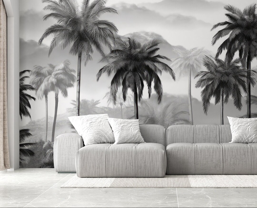 Buy Black and White Palm Trees Illustration Wallpaper, Tropical Black ...