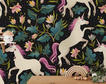 Unicorn Illustration With A Dark Background Peel & Stick Wallpaper, Magical Unicorn and Floral Wall Mural, Enchanting Kids' Room Decor
