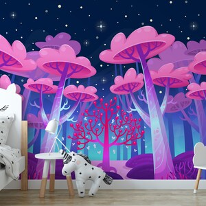 Papel tapiz de árboles de algodón de azúcar de color rosa con estilo de dibujos animados, mural de pared despegable y adhesivo con diseño de bosque encantado, decoración del hogar caprichosa, papel tapiz extraíble