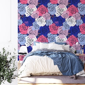 Colorful Abstract Roses Pattern Peel & Stick Wallpaper, Vibrant Floral Blue And Pink Wall Mural, Elegant Living Room Wall Art