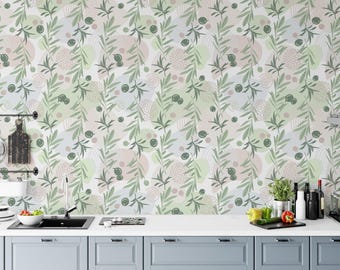 Groene olijftakken Peel & Stick-behang, op de natuur geïnspireerde zachte groene olijven muurschildering, zelfklevend woondecoratie keuken