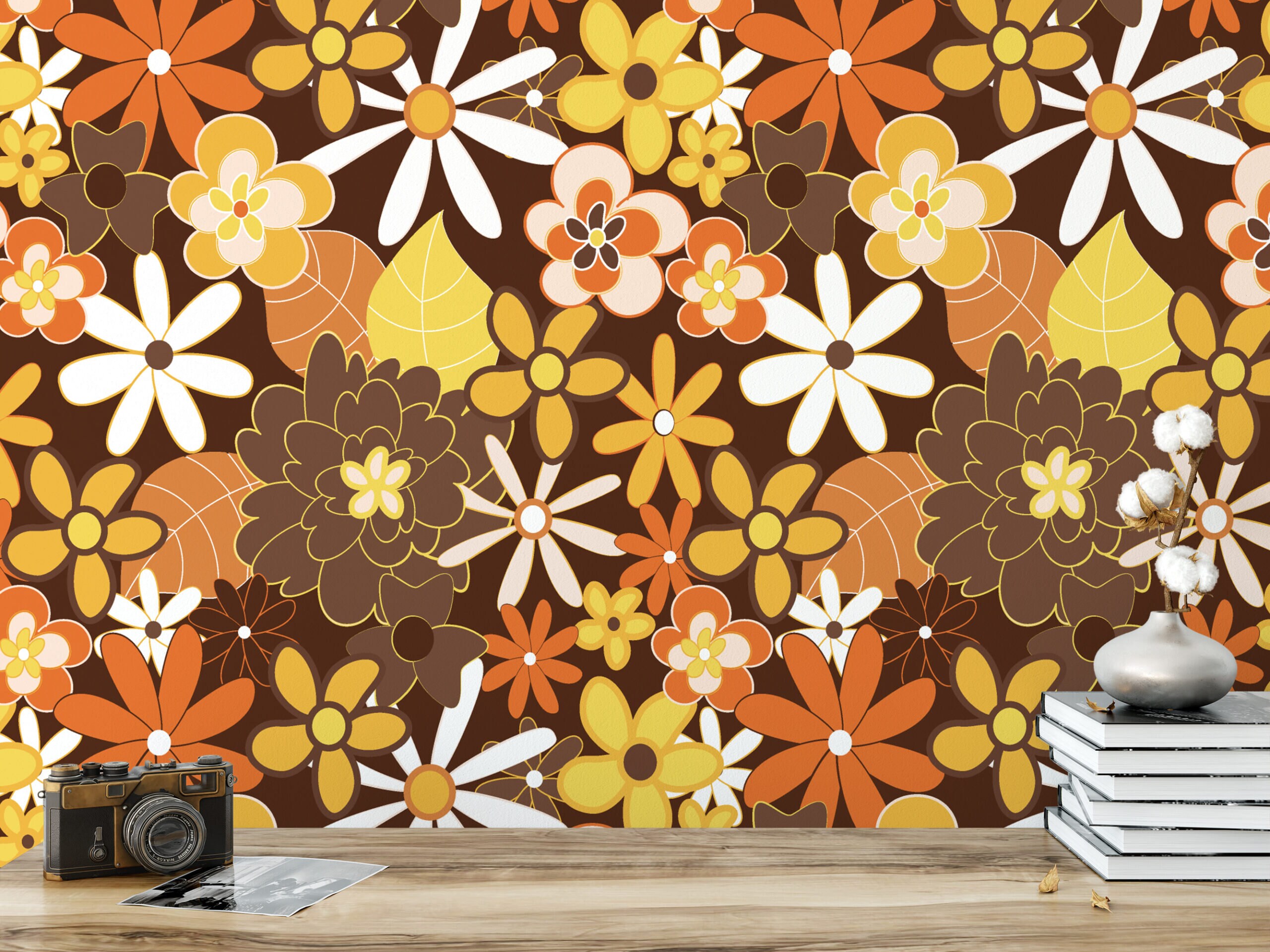 70's Style Large Yellow and Orange Flowers Peel & Stick Wallpaper ...