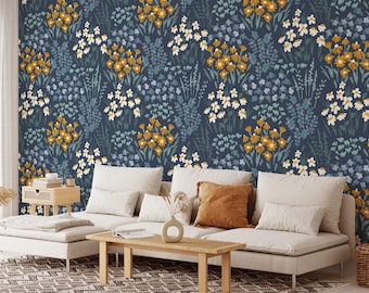 Navy Blue Floral Meadow Peel & Stick Wallpaper, Dark Blue Flowers And Leaves Wall Mural, Nature-Inspired Botanical Home Decor