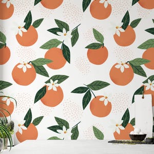 Minimalistic Oranges Design Peel & Stick Wallpaper, Floral Orange Blossom Wall Mural, Nature-Inspired Fruity Kitchen Decor