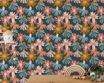 Abstract Cute Flowers And Daisies Illustration Peel & Stick Wallpaper, Playful Pink And Blue Daisy Wall Mural, Fun Floral Home Decor