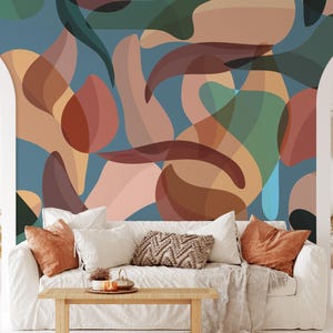 Colorful Modern Leaves Wallpaper, Organic Shapes Peel & Stick Mural, Abstract Wall Decor, Removable Home Art, Contemporary Wall Mural