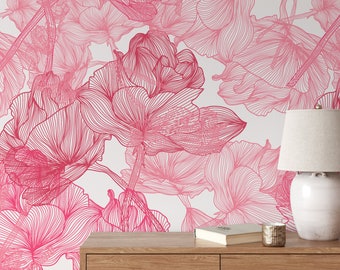 Large Pink Roses Line Art Peel & Stick Wallpaper, Monochrome sketch-style Floral Wall Mural, Artistic Colorful Self Adhesive Wall Decor