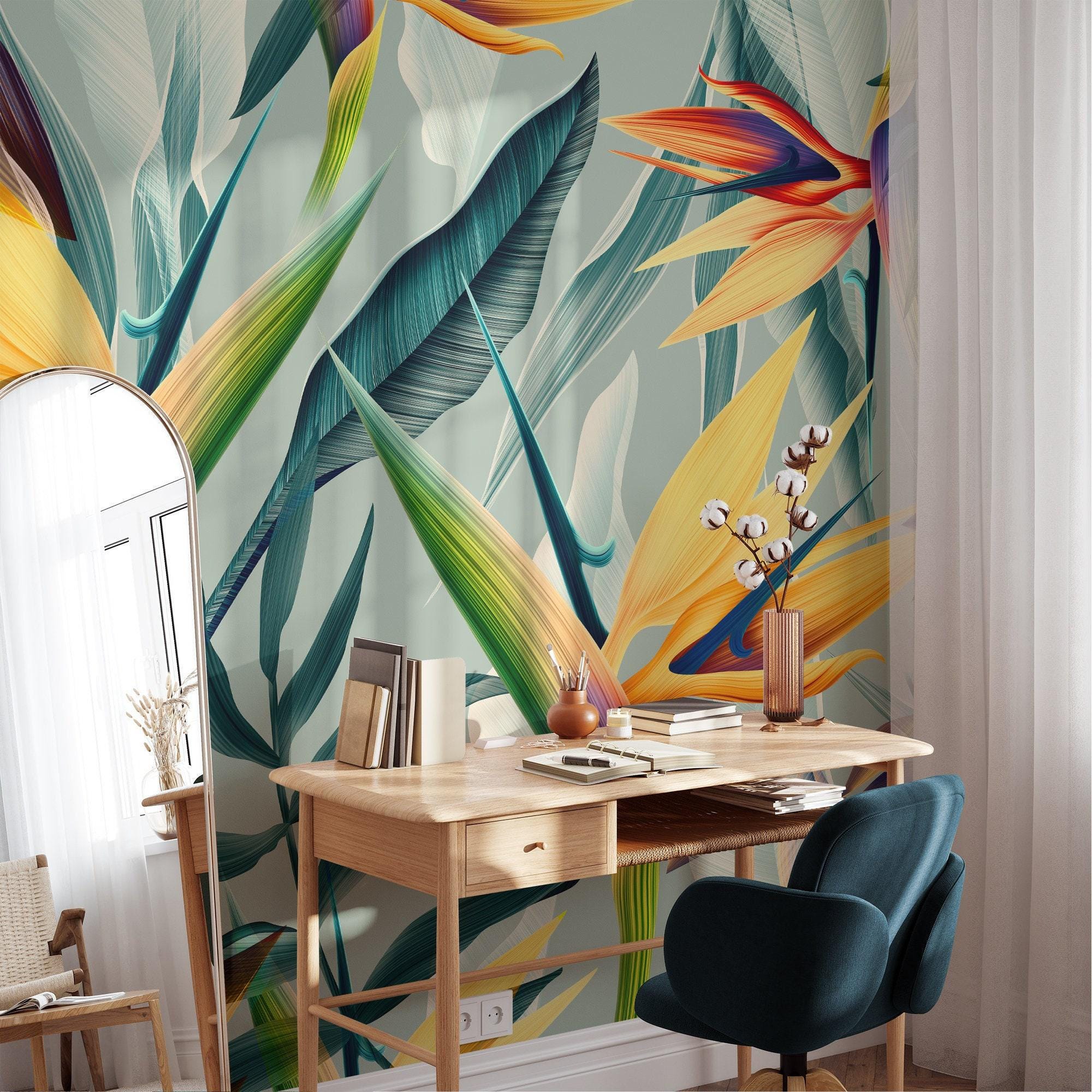 Tropical Minty Birds Of Paradise Flowers Peel & Stick Wallpaper, Colorful Exotic Leaves Wall Mural, Vibrant Modern Home Decor