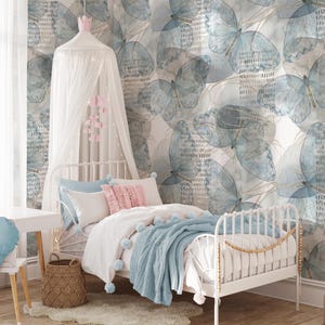 Vintage Tranquil Butterflies Wallpaper, Light Blue Watercolor Pattern Peel & Stick Mural, Delicate Wall Decor, Removable Butterfly Wall Art
