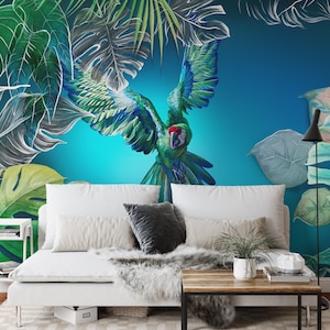 Große Monstera Papagei Blätter Tapete, lebhaftes tropisches Blau Hintergrund Peel & Stick Wandbild, Exotisches Wanddekor, Abnehmbare Wandkunst