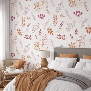 Colorful Leaf Branches Line Art Illustration Peel & Stick Wallpaper, Autumn Leaves Wall Mural, Vintage-Inspired Wall Decor