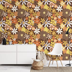 70's Style Large Yellow And Orange Flowers Peel & Stick Wallpaper, Retro Floral Brown And Yellow Wall Mural, Vintage Home Decor
